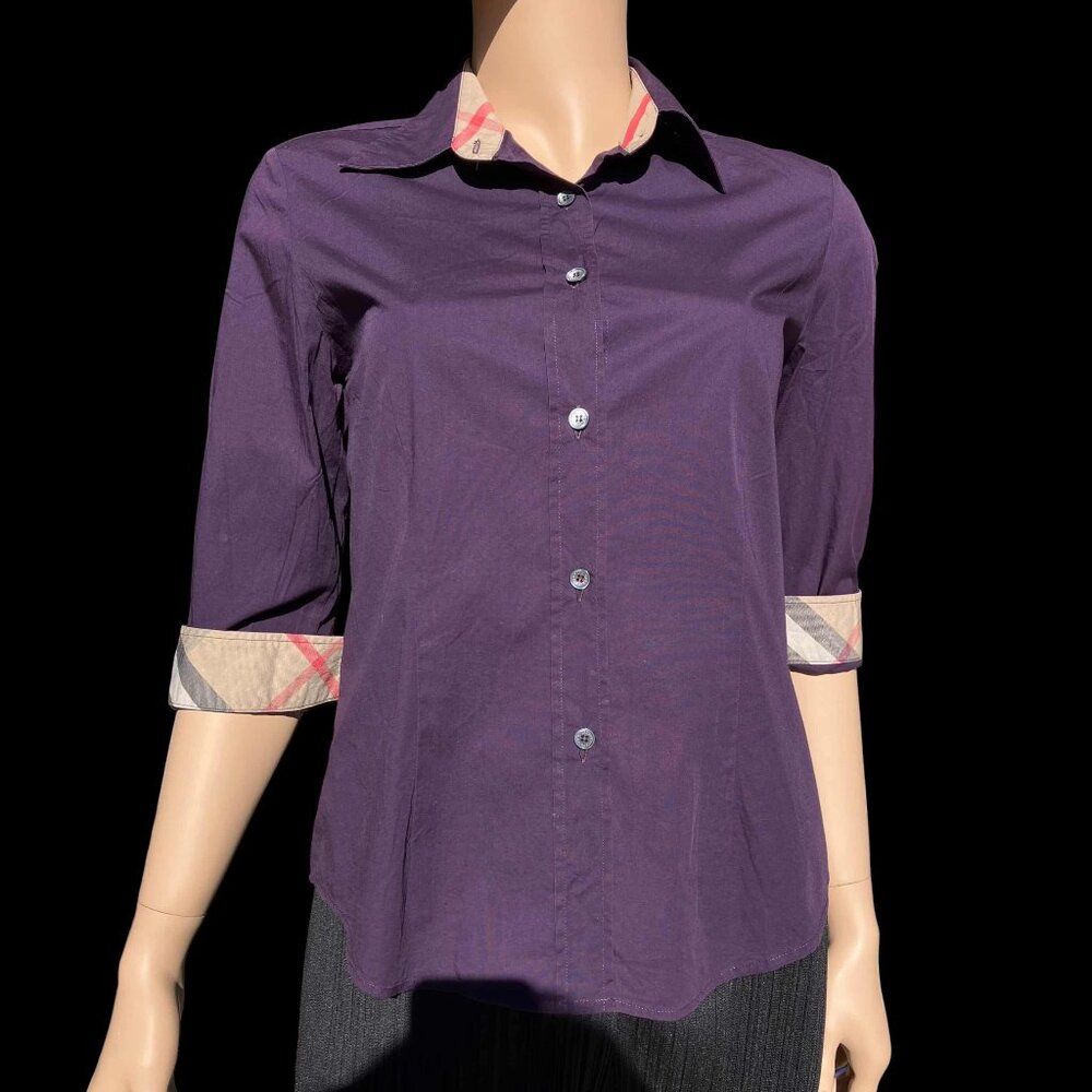 Burberry London 3/4 Sleeve Purple Button-Up Shirt Nova Check Trim Size S M